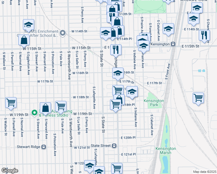 map of restaurants, bars, coffee shops, grocery stores, and more near 20 East 117th Place in Chicago