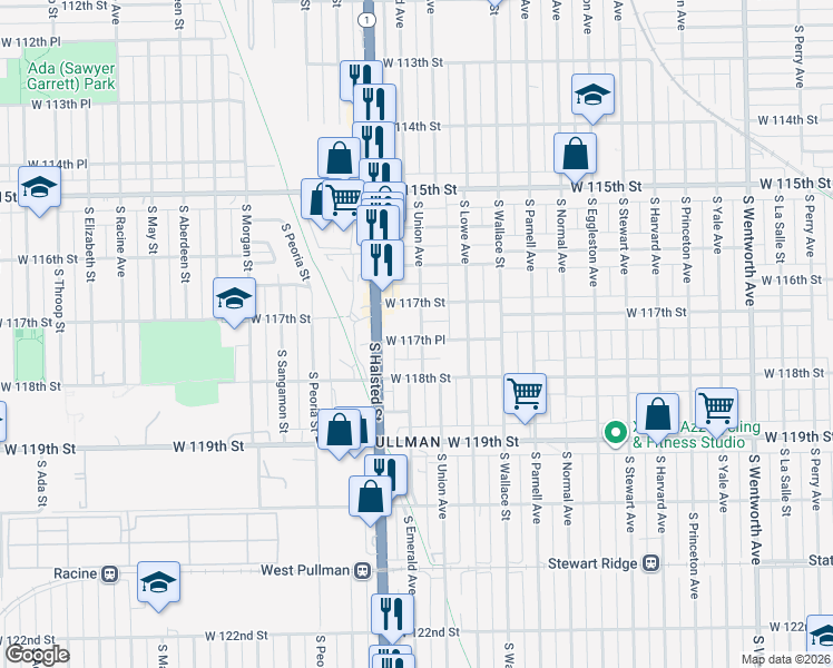 map of restaurants, bars, coffee shops, grocery stores, and more near 720 West 117th Place in Chicago