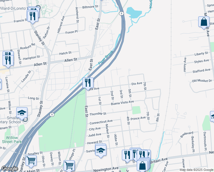 map of restaurants, bars, coffee shops, grocery stores, and more near 3 Bedford Street in New Britain