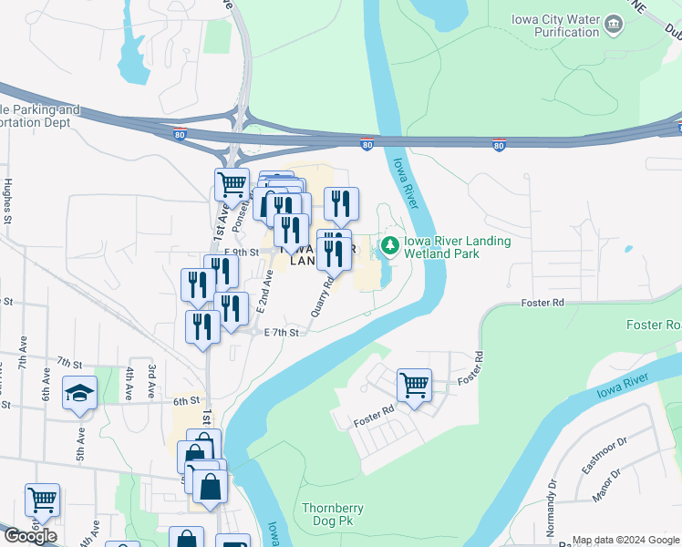 map of restaurants, bars, coffee shops, grocery stores, and more near 849 Quarry Road in Coralville
