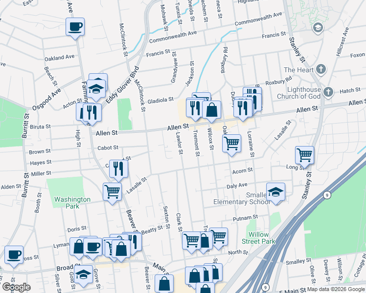 map of restaurants, bars, coffee shops, grocery stores, and more near 251 Lawlor Street in New Britain