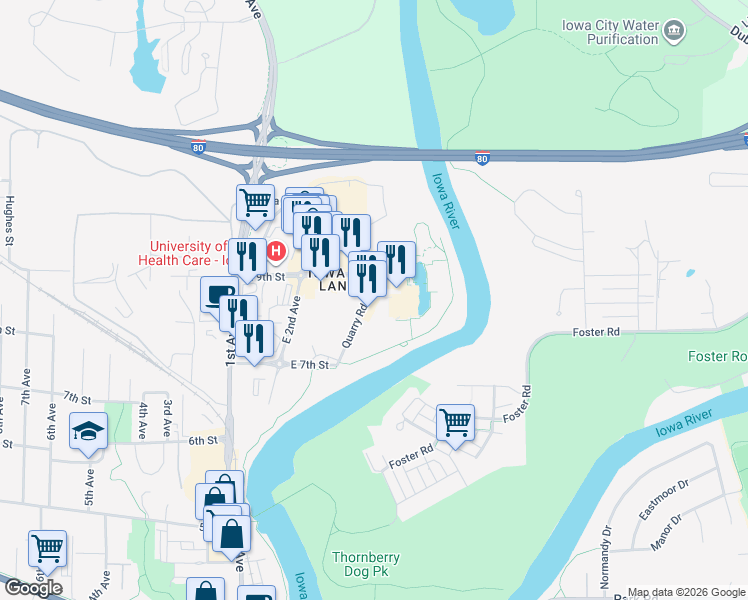 map of restaurants, bars, coffee shops, grocery stores, and more near 843 Quarry Road in Coralville