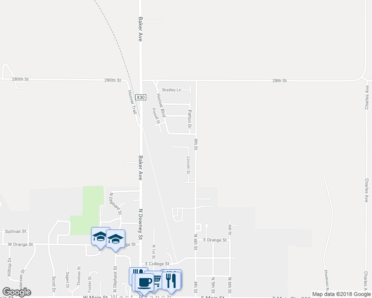 map of restaurants, bars, coffee shops, grocery stores, and more near 130 Lincoln Street in West Branch