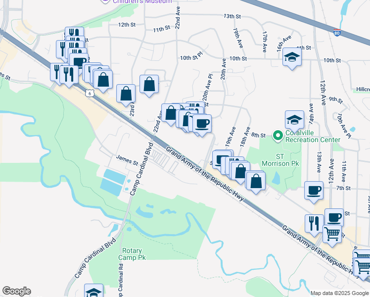 map of restaurants, bars, coffee shops, grocery stores, and more near 2025 2nd Street in Coralville
