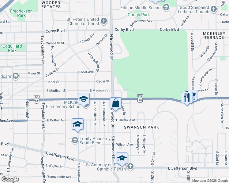 map of restaurants, bars, coffee shops, grocery stores, and more near 2216 East Madison Street in South Bend