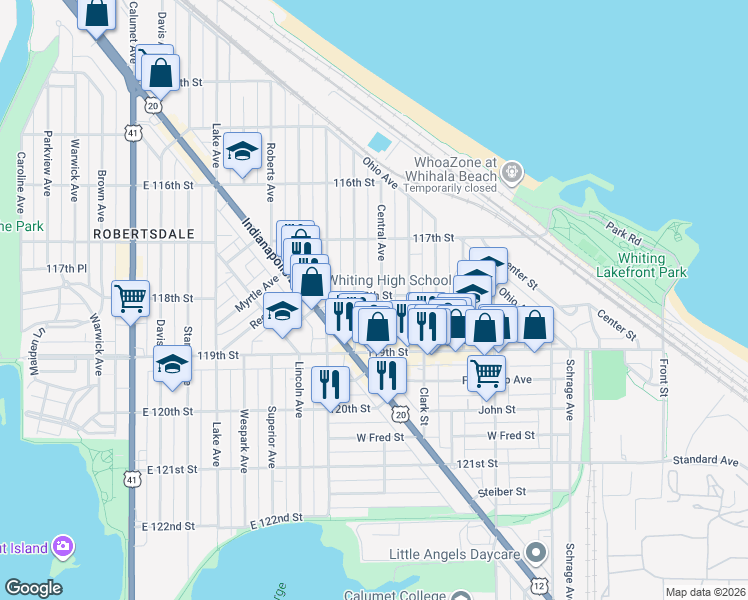 map of restaurants, bars, coffee shops, grocery stores, and more near 1814 Central Avenue in Whiting