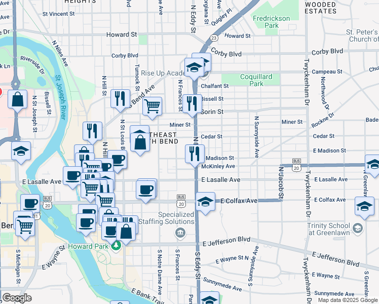 map of restaurants, bars, coffee shops, grocery stores, and more near 1021 East Madison Street in South Bend