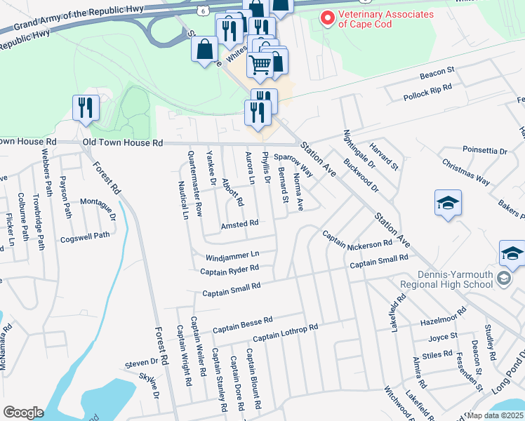 map of restaurants, bars, coffee shops, grocery stores, and more near 64 Aurora Lane in Yarmouth