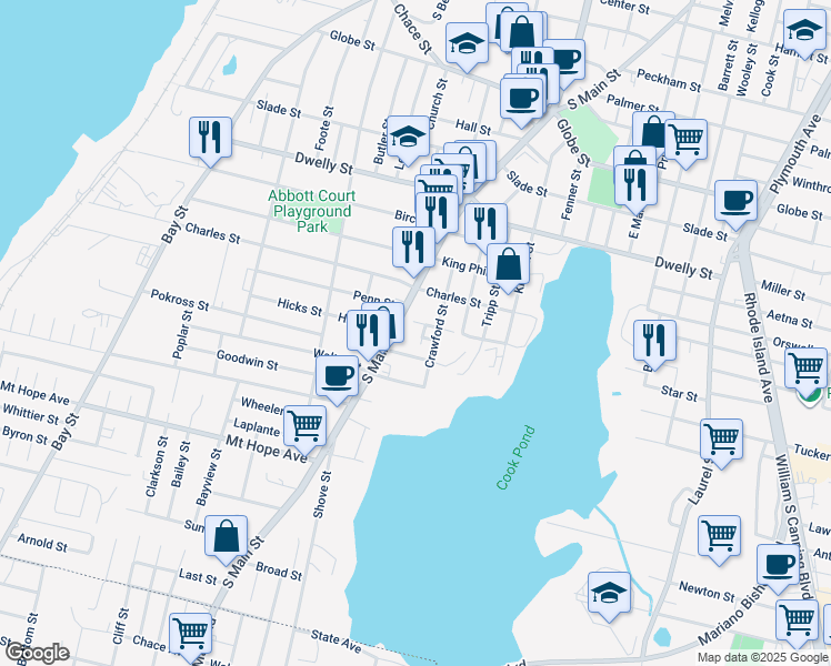 map of restaurants, bars, coffee shops, grocery stores, and more near 181 Crawford Street in Fall River