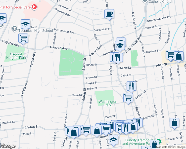 map of restaurants, bars, coffee shops, grocery stores, and more near 82 Brown Street in New Britain