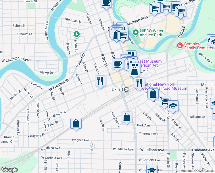map of restaurants, bars, coffee shops, grocery stores, and more near 615 South 3rd Street in Elkhart