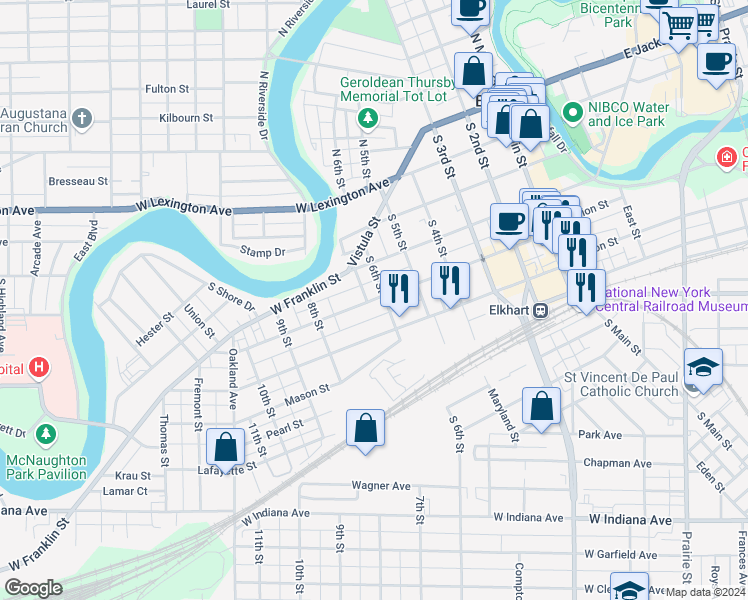map of restaurants, bars, coffee shops, grocery stores, and more near 507 South 6th Street in Elkhart