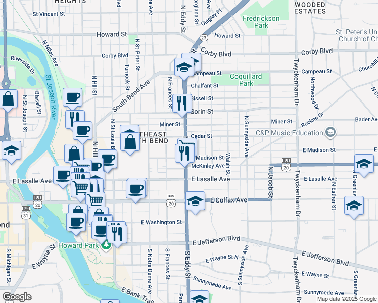 map of restaurants, bars, coffee shops, grocery stores, and more near 1100-1148 East Madison Street in South Bend