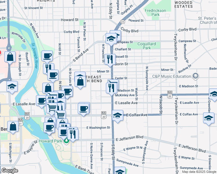 map of restaurants, bars, coffee shops, grocery stores, and more near 1004 East Madison Street in South Bend