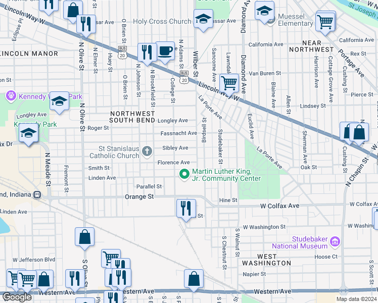 map of restaurants, bars, coffee shops, grocery stores, and more near 1601 Florence Avenue in South Bend