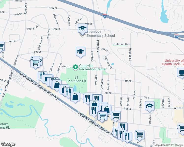 map of restaurants, bars, coffee shops, grocery stores, and more near 724 14th Avenue in Coralville