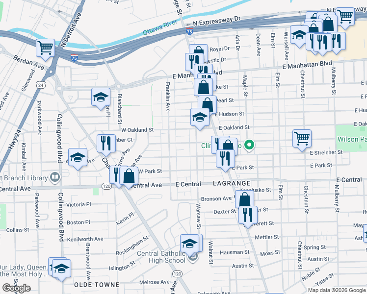 map of restaurants, bars, coffee shops, grocery stores, and more near 3201 Warsaw Street in Toledo