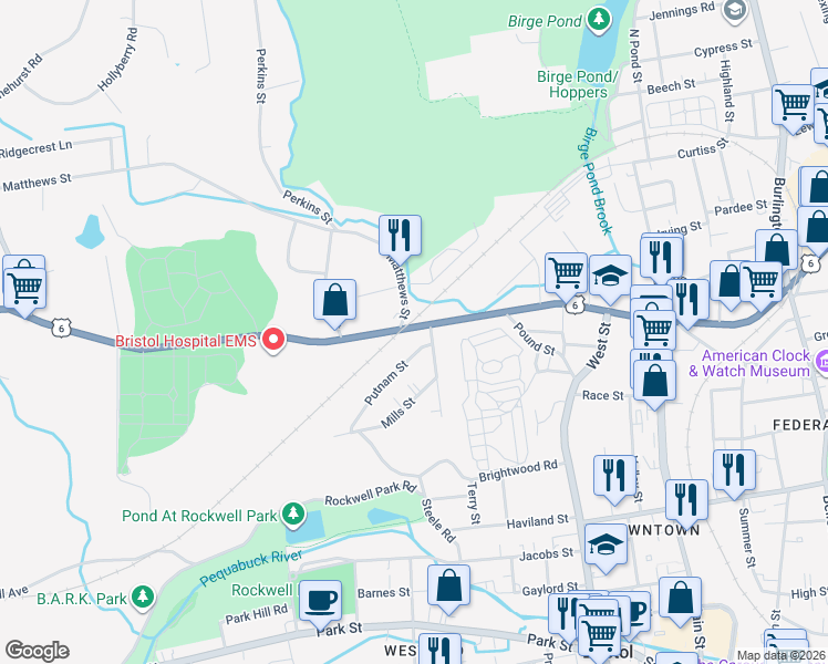 map of restaurants, bars, coffee shops, grocery stores, and more near 209 Terryville Avenue in Bristol