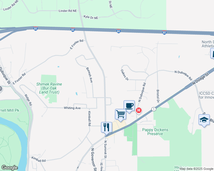 map of restaurants, bars, coffee shops, grocery stores, and more near 1424 Prairie Du Chien Road in Iowa City