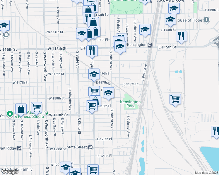 map of restaurants, bars, coffee shops, grocery stores, and more near 11716 South Indiana Avenue in Chicago