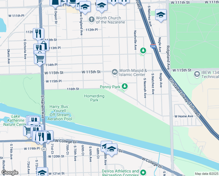 map of restaurants, bars, coffee shops, grocery stores, and more near 6725 West Home Avenue in Worth