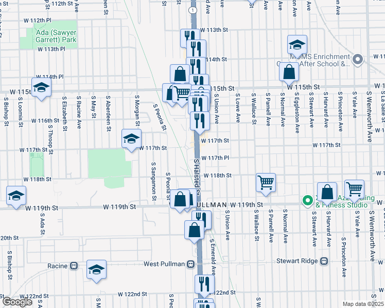 map of restaurants, bars, coffee shops, grocery stores, and more near 11710 South Halsted Street in Chicago