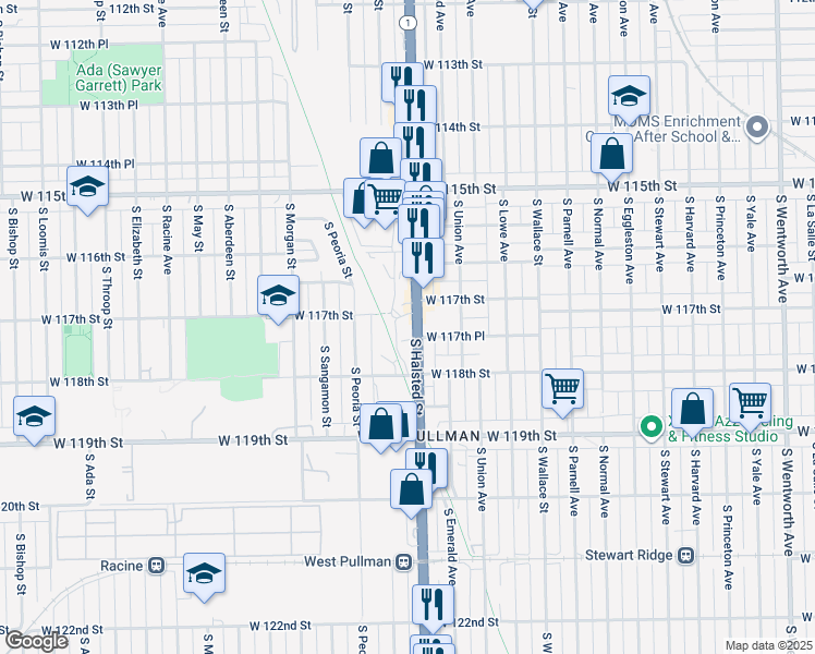 map of restaurants, bars, coffee shops, grocery stores, and more near 11710 South Halsted Street in Chicago