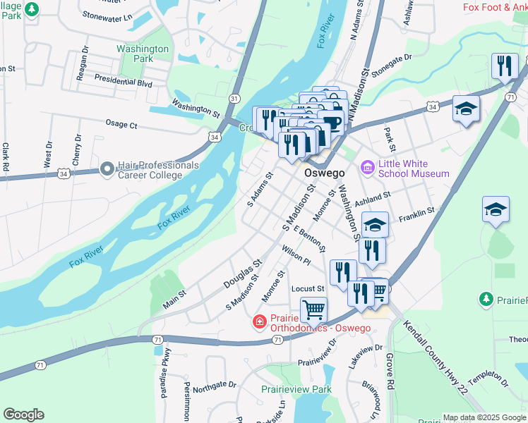 map of restaurants, bars, coffee shops, grocery stores, and more near 262 Main Street in Oswego