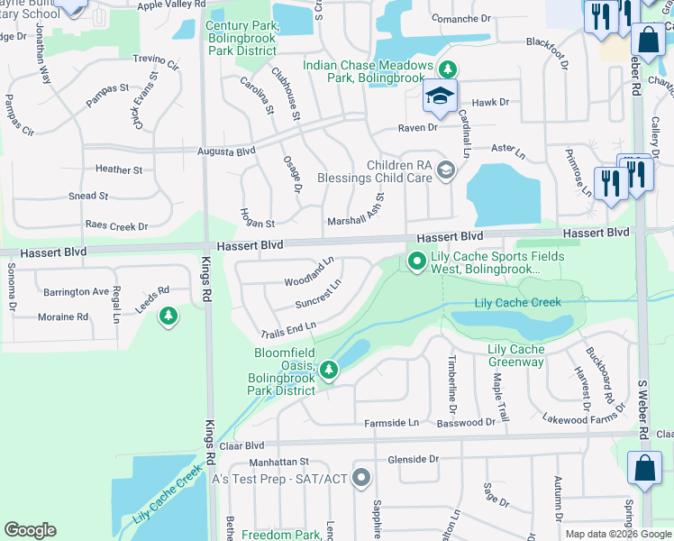 map of restaurants, bars, coffee shops, grocery stores, and more near 1553 Suncrest Lane in Bolingbrook