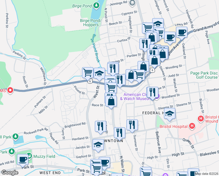 map of restaurants, bars, coffee shops, grocery stores, and more near 2 North Main Street in Bristol