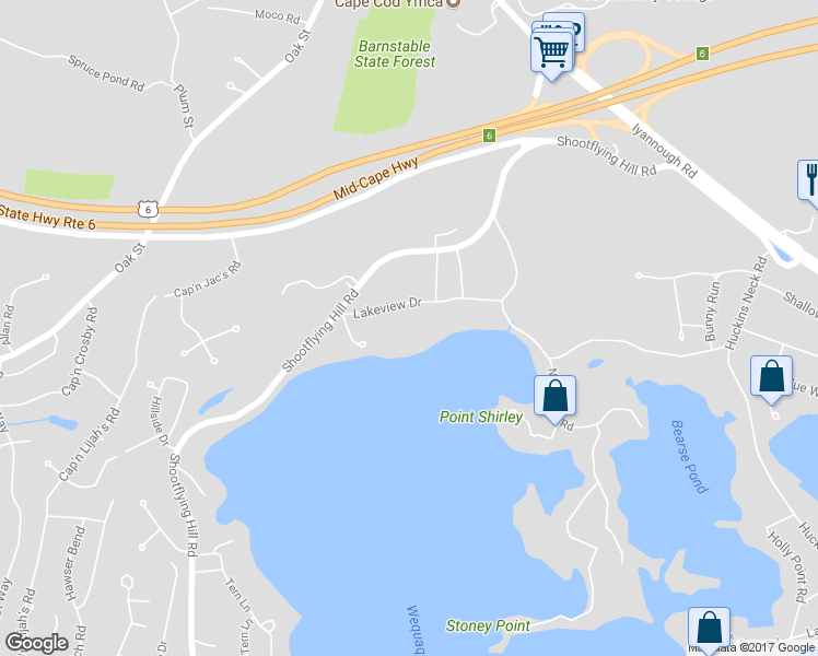 map of restaurants, bars, coffee shops, grocery stores, and more near 74 Lakeview Drive in Barnstable