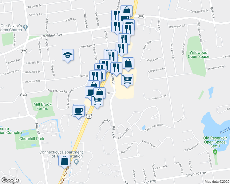 map of restaurants, bars, coffee shops, grocery stores, and more near 220 Kitts Lane in Newington