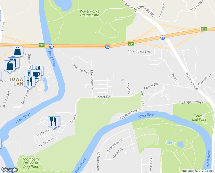 map of restaurants, bars, coffee shops, grocery stores, and more near 1910 Algonquin Road in Iowa City