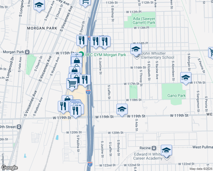 map of restaurants, bars, coffee shops, grocery stores, and more near 11723 South Justine Street in Chicago