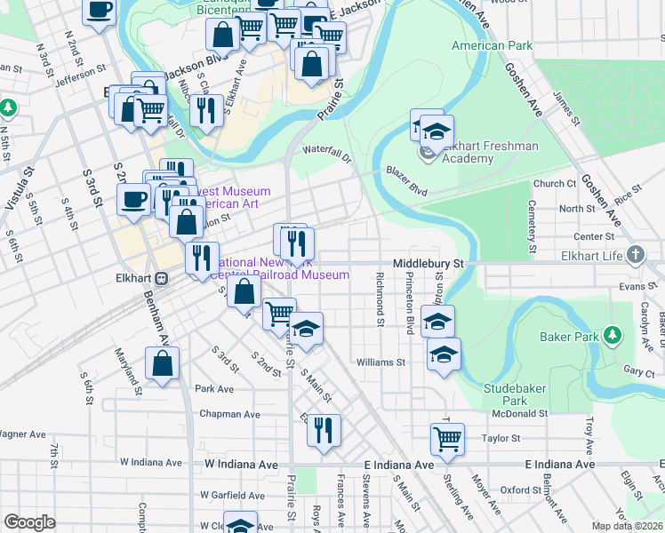 map of restaurants, bars, coffee shops, grocery stores, and more near 415 Middlebury Street in Elkhart