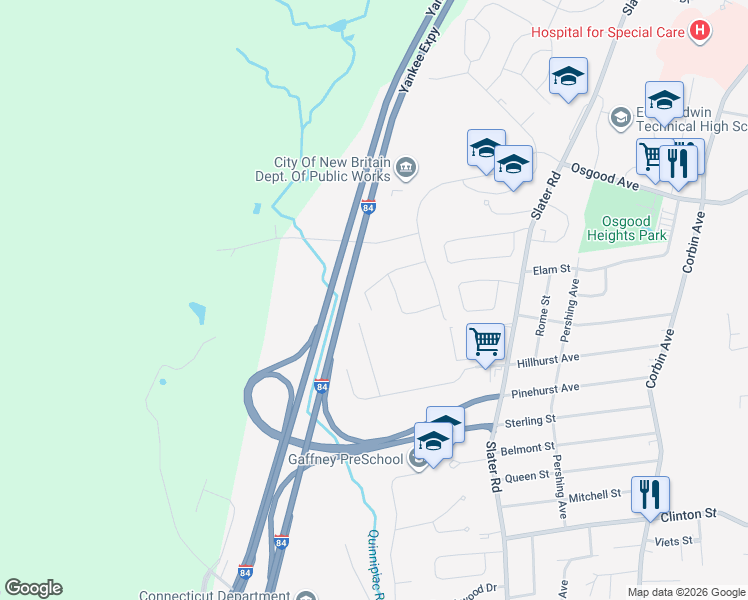 map of restaurants, bars, coffee shops, grocery stores, and more near 159 Robindale Drive in New Britain