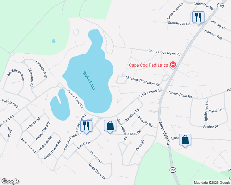 map of restaurants, bars, coffee shops, grocery stores, and more near 21 Green Acres Lane in Sandwich
