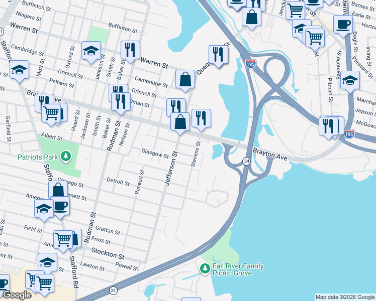 map of restaurants, bars, coffee shops, grocery stores, and more near 110 Stevens Street in Fall River