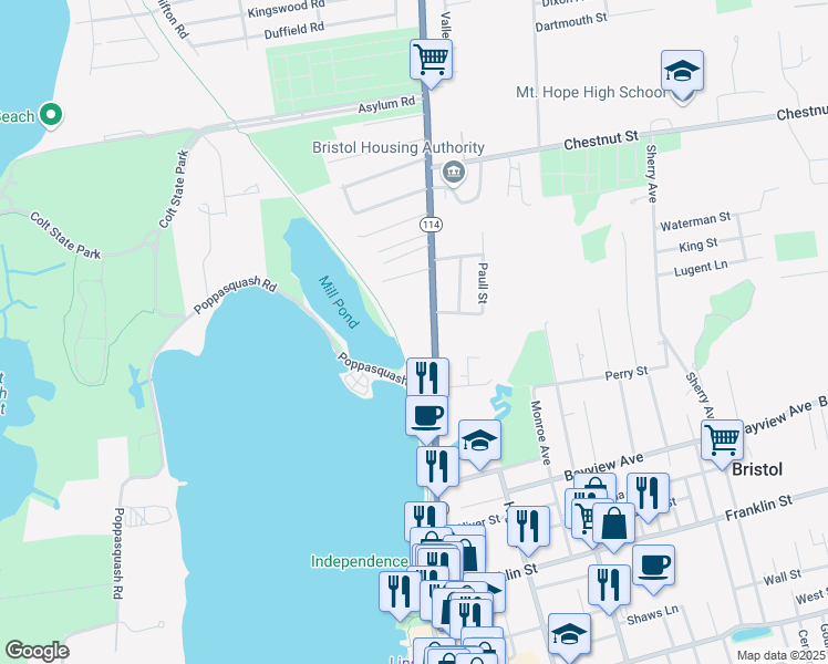 map of restaurants, bars, coffee shops, grocery stores, and more near 875 1/2 Hope Street in Bristol
