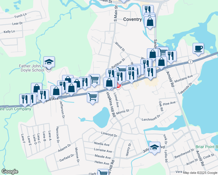 map of restaurants, bars, coffee shops, grocery stores, and more near 51 Hopkins Hill Road in Coventry