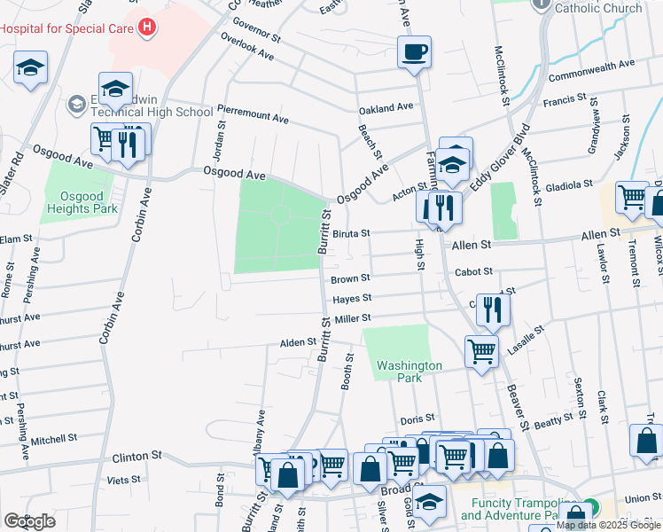 map of restaurants, bars, coffee shops, grocery stores, and more near 579 Burritt Street in New Britain