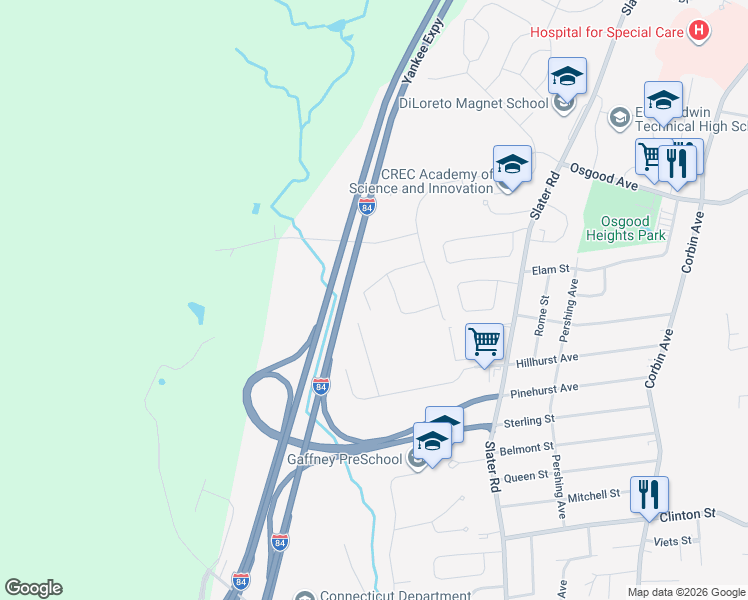 map of restaurants, bars, coffee shops, grocery stores, and more near 159 Robindale Drive in New Britain