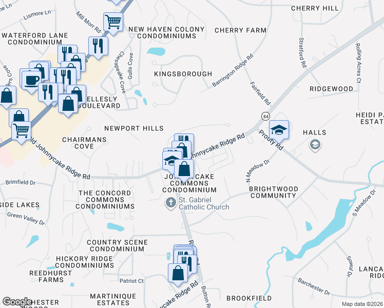 map of restaurants, bars, coffee shops, grocery stores, and more near 9954 Johnnycake Ridge Road in Concord