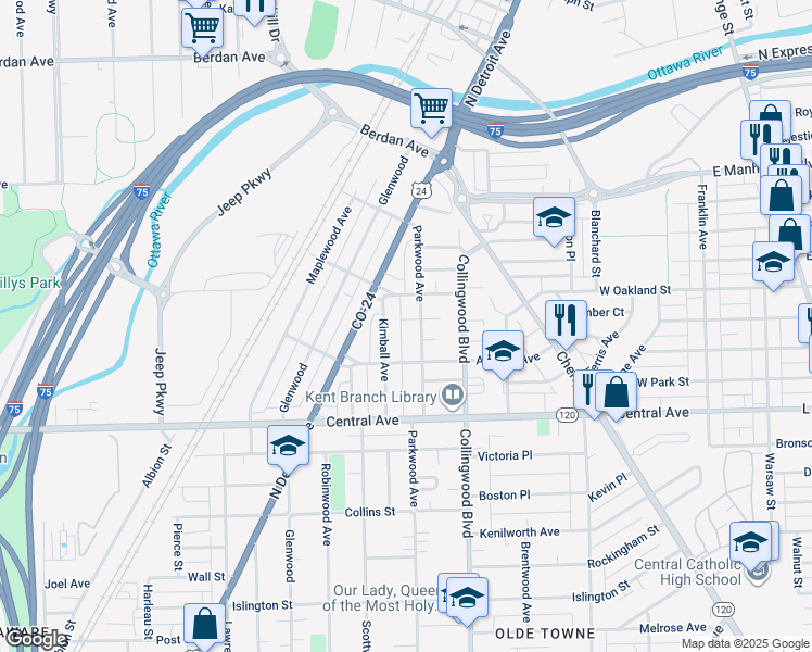 map of restaurants, bars, coffee shops, grocery stores, and more near 3211 Parkwood Avenue in Toledo