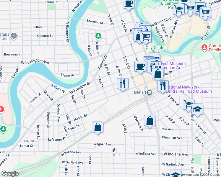 map of restaurants, bars, coffee shops, grocery stores, and more near 506 Harrison Street in Elkhart