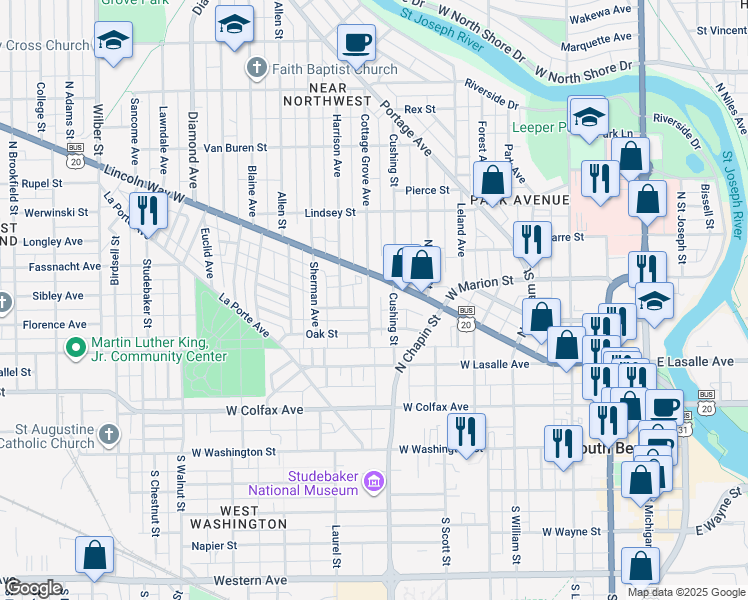 map of restaurants, bars, coffee shops, grocery stores, and more near 414 1/2 Cottage Grove Avenue in South Bend