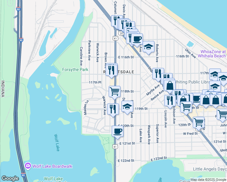 map of restaurants, bars, coffee shops, grocery stores, and more near 1821 Calumet Avenue in Whiting