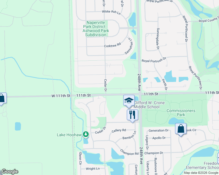 map of restaurants, bars, coffee shops, grocery stores, and more near 25035 111th Street in Naperville