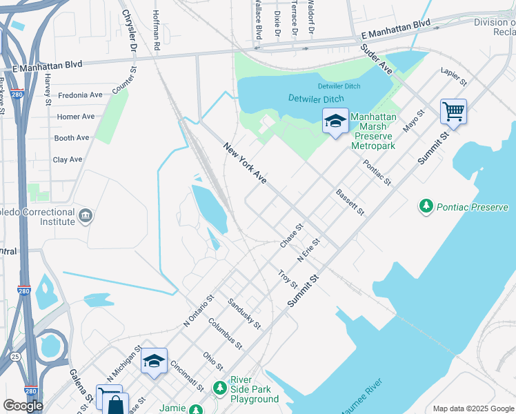 map of restaurants, bars, coffee shops, grocery stores, and more near 614 Albany Street in Toledo