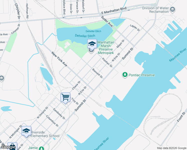 map of restaurants, bars, coffee shops, grocery stores, and more near 3032 North Erie Street in Toledo